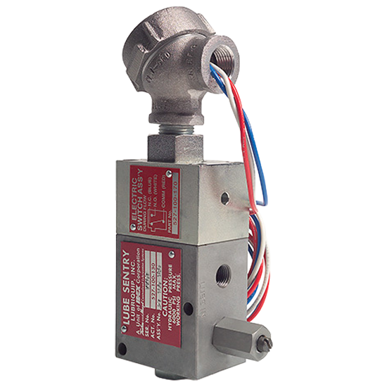 Industrial lubrication electric switch with red and blue wires, designed for precise control in lubrication systems. Ideal for enhancing machinery performance and efficiency.