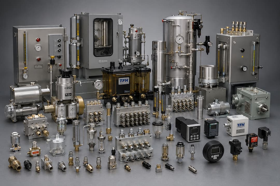 A comprehensive array of lubrication systems components, including pumps, valves, and control units, showcased on a gray background.