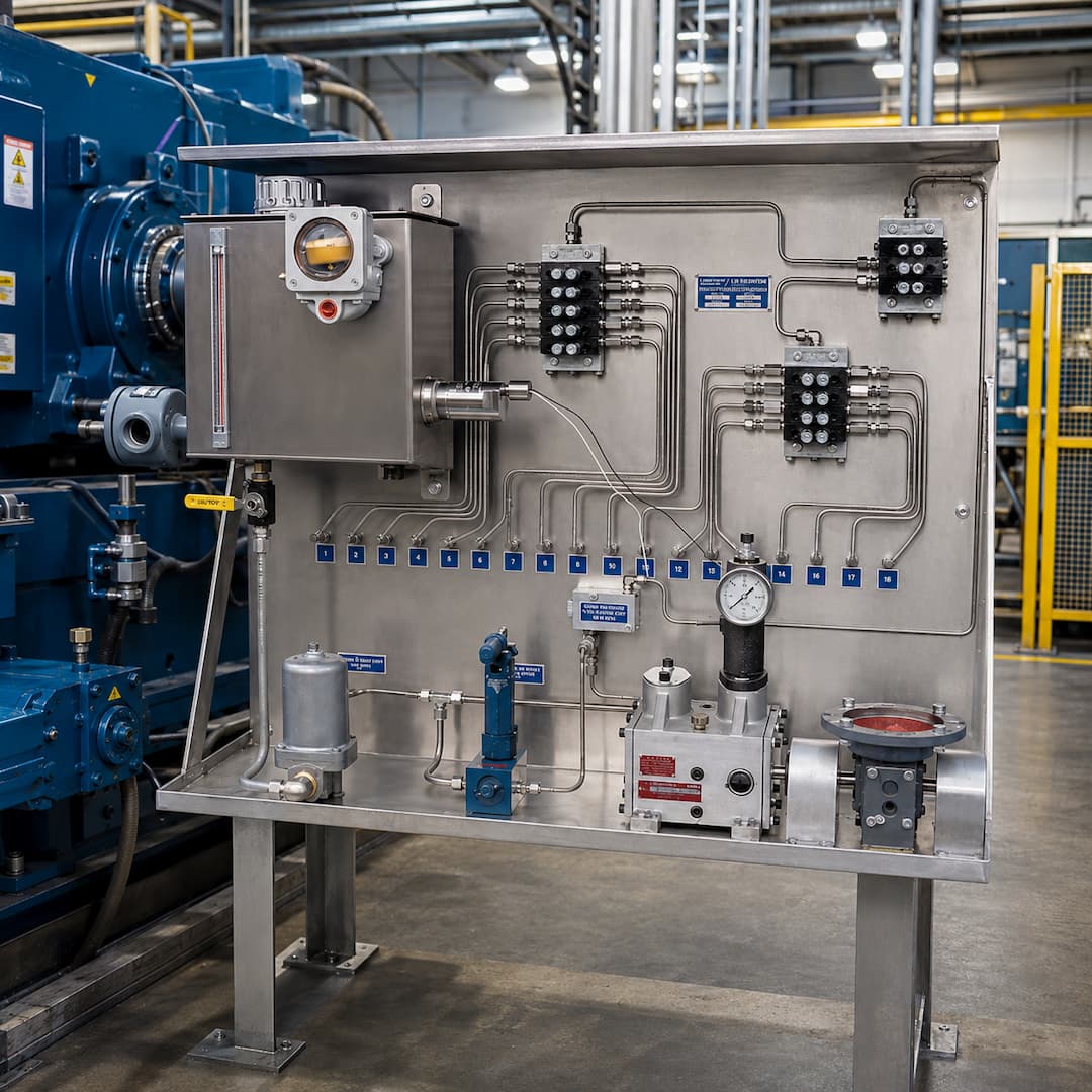 Detailed view of a lubrication systems control panel featuring various valves, gauges, and piping, designed for efficient fluid distribution in industrial machinery.