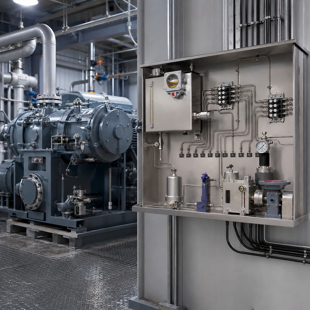Industrial lubrication system repair setup featuring a detailed control panel and connected machinery, showcasing essential components for efficient lubrication management in a manufacturing environment.