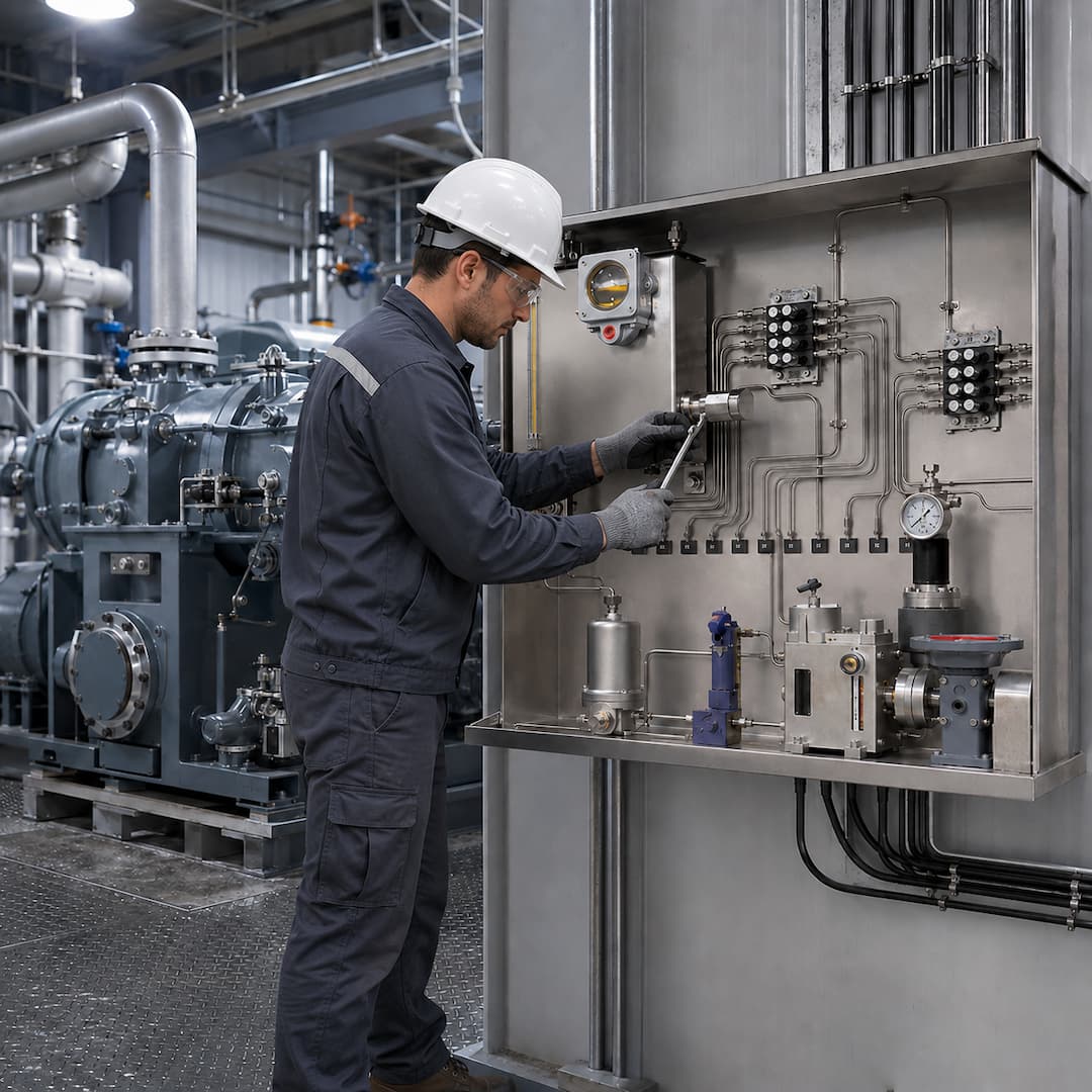 Technician performing lubrication system repair on industrial machinery, adjusting components on a control panel in a factory setting.