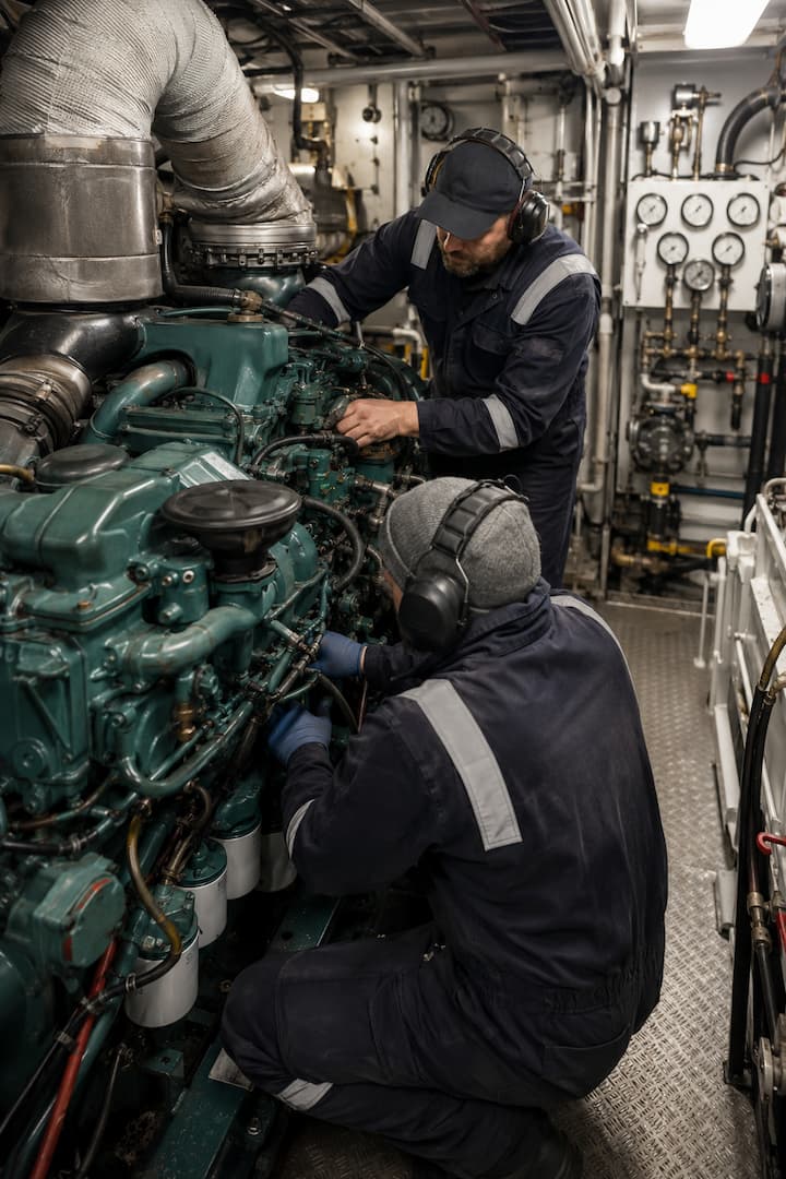 Two maritime technicians inspecting and repairing a large marine engine in a ship's engine room, wearing protective gear and headphones, surrounded by machinery and gauges.
