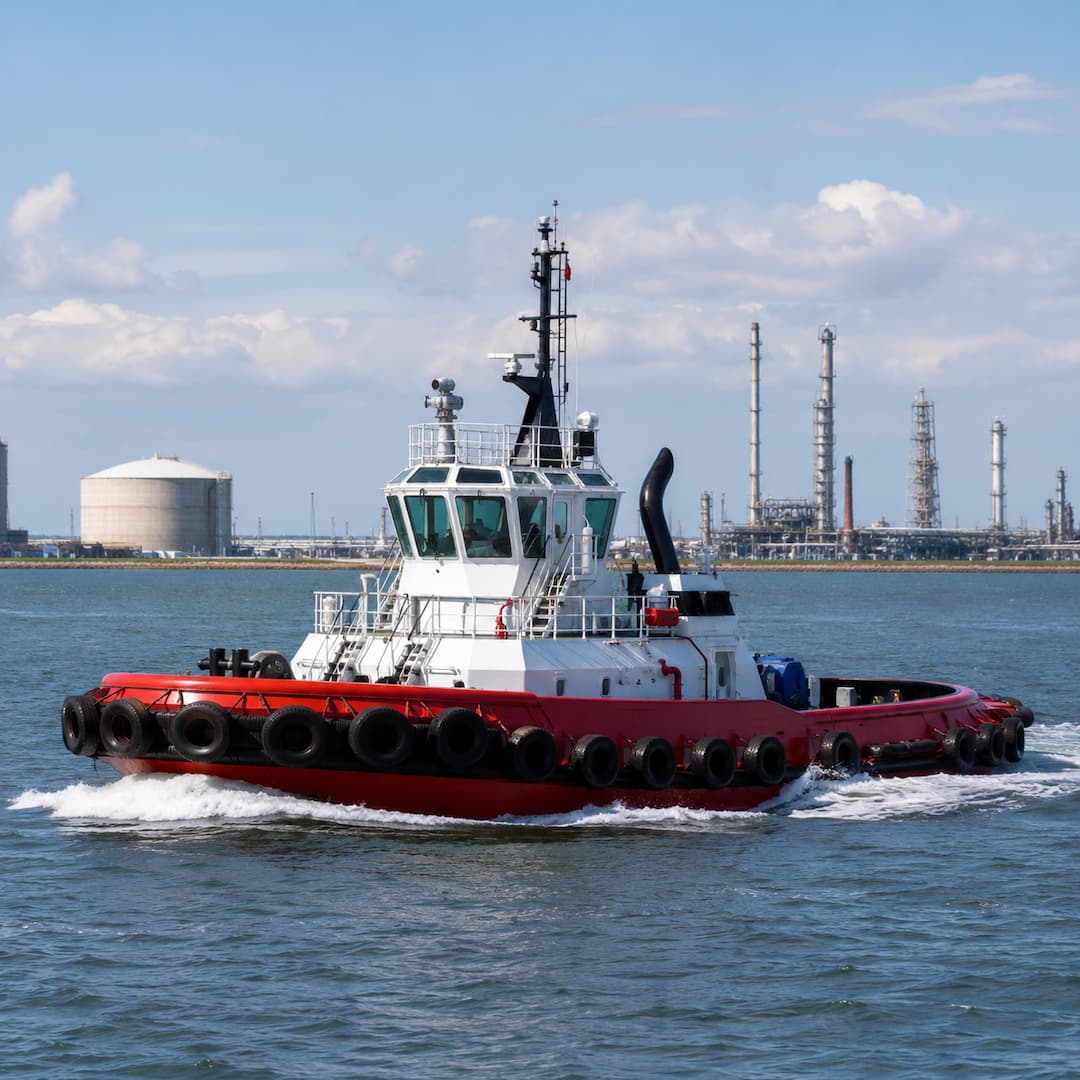 Tugboat navigating through calm waters with industrial facilities in the background, showcasing maritime operations and logistics.