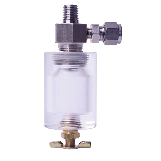 Industrial lubrication product featuring a transparent reservoir with metal fittings, designed for efficient oil delivery in machinery applications.