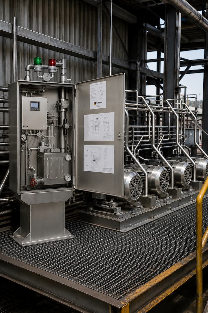 Industrial lubrication systems featuring a control panel, pressure gauges, and multiple pumps, designed for efficient fluid management in a manufacturing setting.