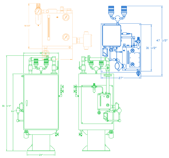Diagram illustrating an oil mist lubrication system, featuring labeled components and dimensions for effective lubrication in industrial applications.