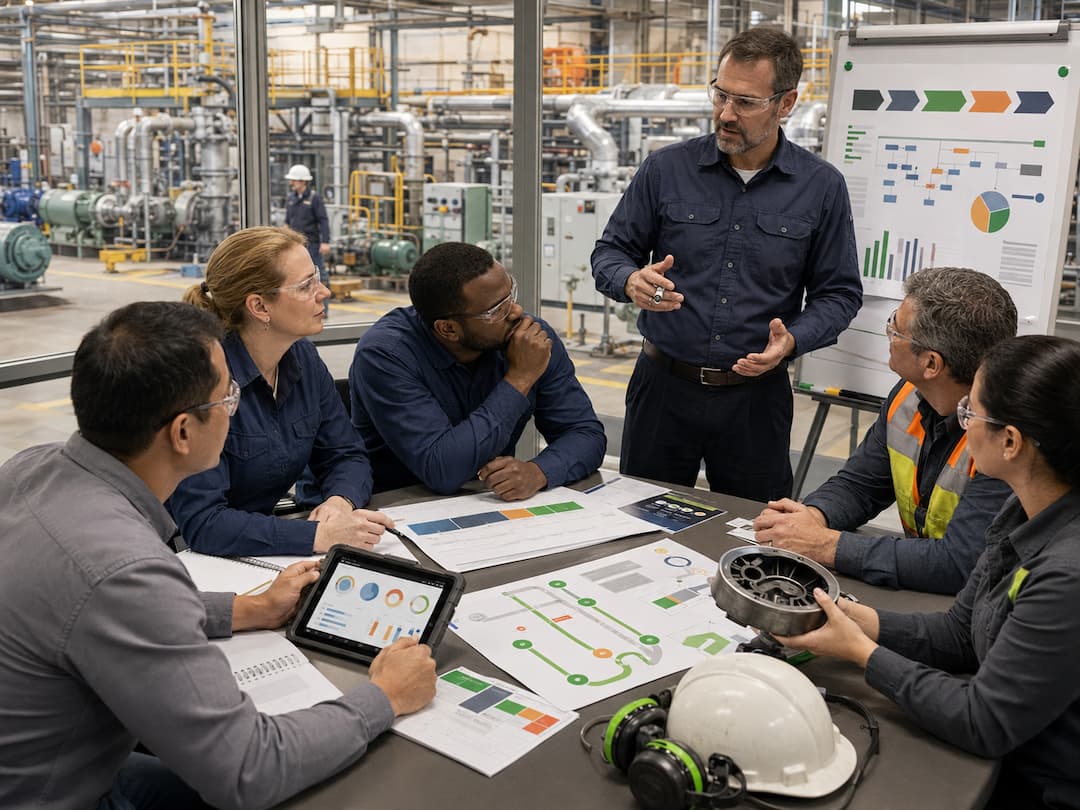 Team of professionals engaged in a leadership and change management meeting, analyzing charts and data on a table. A facilitator presents strategies using a whiteboard, while team members collaborate with tablets and documents in a manufacturing setting.