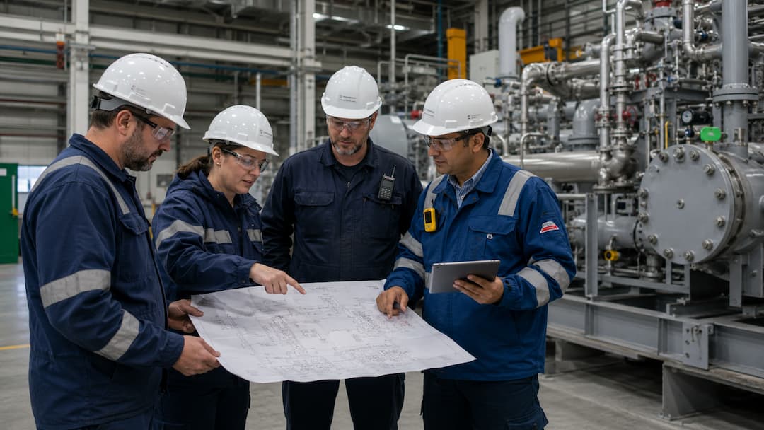 Team of engineers reviewing emissions solutions blueprints in a industrial facility, surrounded by machinery and equipment for emissions management.