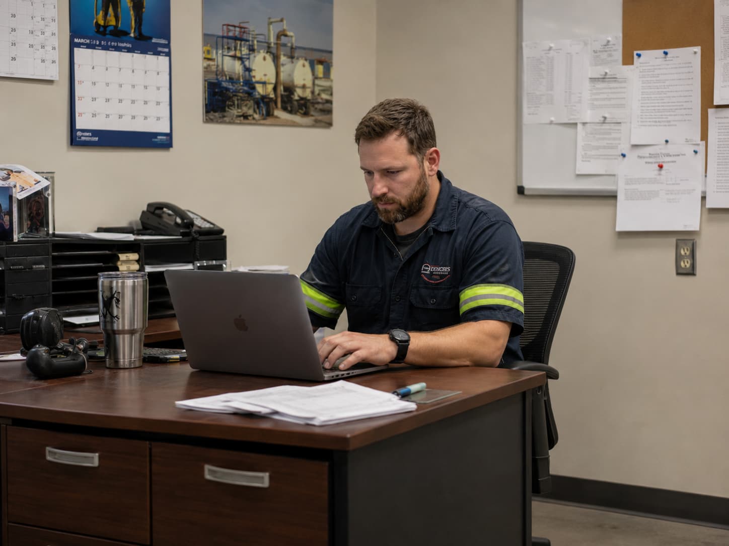Male worker in a blue uniform with reflective stripes, focused on a laptop at a desk in an office setting. The workspace includes a calendar, documents on a bulletin board, and a coffee tumbler, reflecting a busy industrial environment.