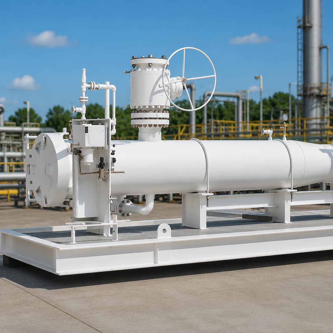 Pig launcher and receiver system for pipeline maintenance, featuring a white cylindrical design with control valve, mounted on a sturdy base in an industrial setting.