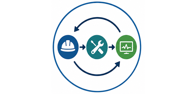 Diagram illustrating the process of aligning Asset Performance Management (APM) and Enterprise Asset Management (EAM) with condition monitoring, featuring icons for a hard hat, tools, and a computer screen.