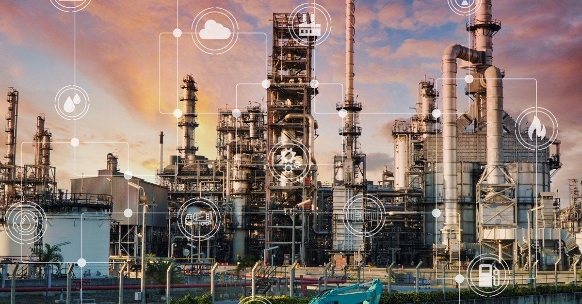 Industrial facility with complex machinery and piping systems, showcasing modern technology and processes relevant to lubrication system repair. The image features various icons representing fluids, energy, and maintenance, set against a backdrop of a sunset sky.