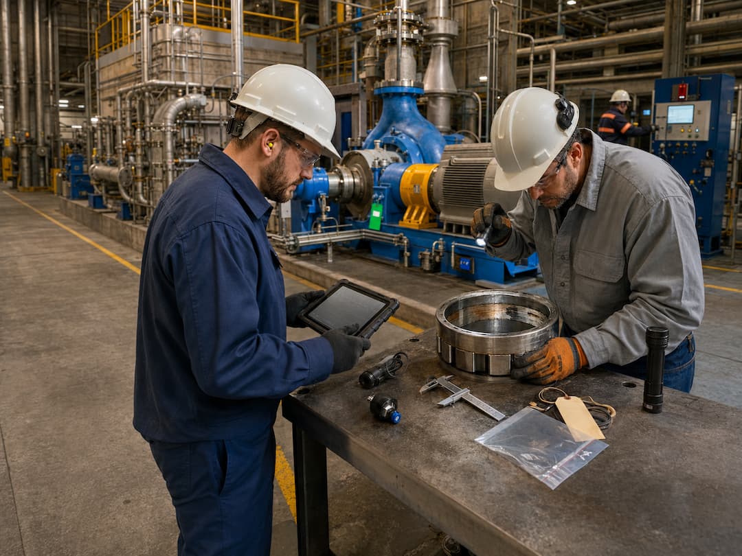 Two technicians conduct a root cause analysis in an industrial setting, examining machinery components on a workbench while one uses a tablet for data collection. The background features industrial equipment and piping, highlighting a focus on maintenance and troubleshooting.