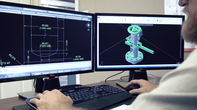 Engineer working on CAD software, displaying technical drawings and 3D models on dual monitors, focusing on mechanical design and precision measurements.