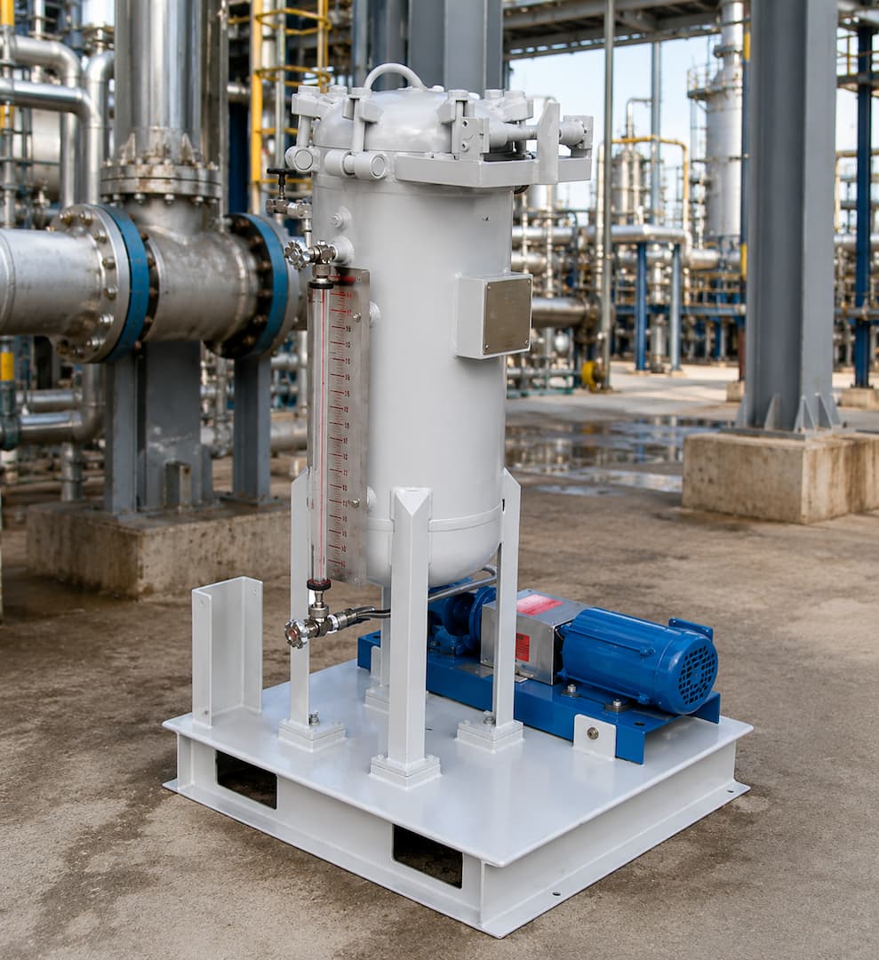 Industrial package skid featuring a white filtration unit with a clear liquid level gauge and a blue motor base, set against a backdrop of pipes and industrial equipment in a processing facility.