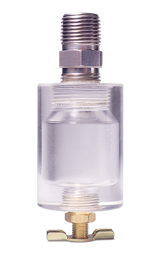 Transparent lubrication system component featuring threaded metal fittings for efficient fluid flow and maintenance. Ideal for enhancing lubrication processes in machinery.