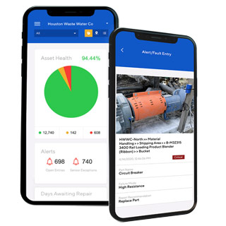 Mobile devices displaying the SmartCBM condition monitoring services dashboard, featuring asset health metrics and alert notifications for equipment maintenance.