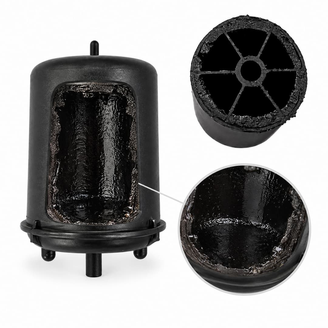 Off-road, mining, and construction fuel filter showing internal buildup and contamination, highlighting the importance of regular maintenance for optimal equipment performance.