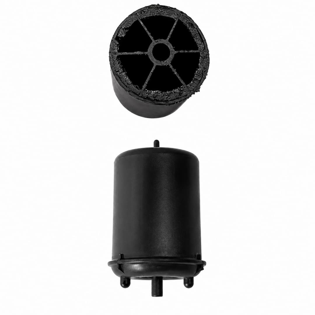 Fuel filter for fleet trucking, showing a top view and side profile of a black cylindrical filter designed for heavy-duty vehicles.