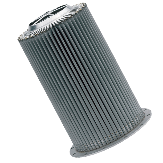 Stratus diesel particulate filter designed for efficient emission control, featuring a cylindrical shape and pleated structure for optimal filtration performance.
