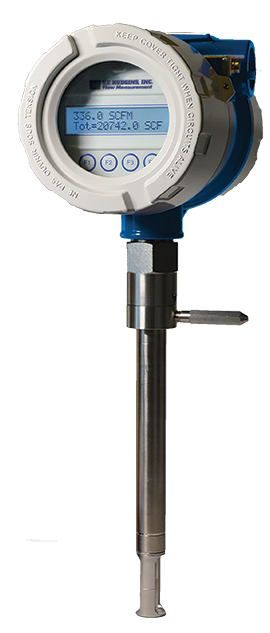 Digital flow meter for measuring gas emissions, displaying current flow rate and total volume, used in emissions solutions for accurate monitoring and reporting.