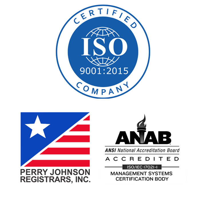 ISO 9001:2015 certification logo and accreditation marks from Perry Johnson Registrars and ANAB, highlighting the quality standards upheld in lubrication systems.