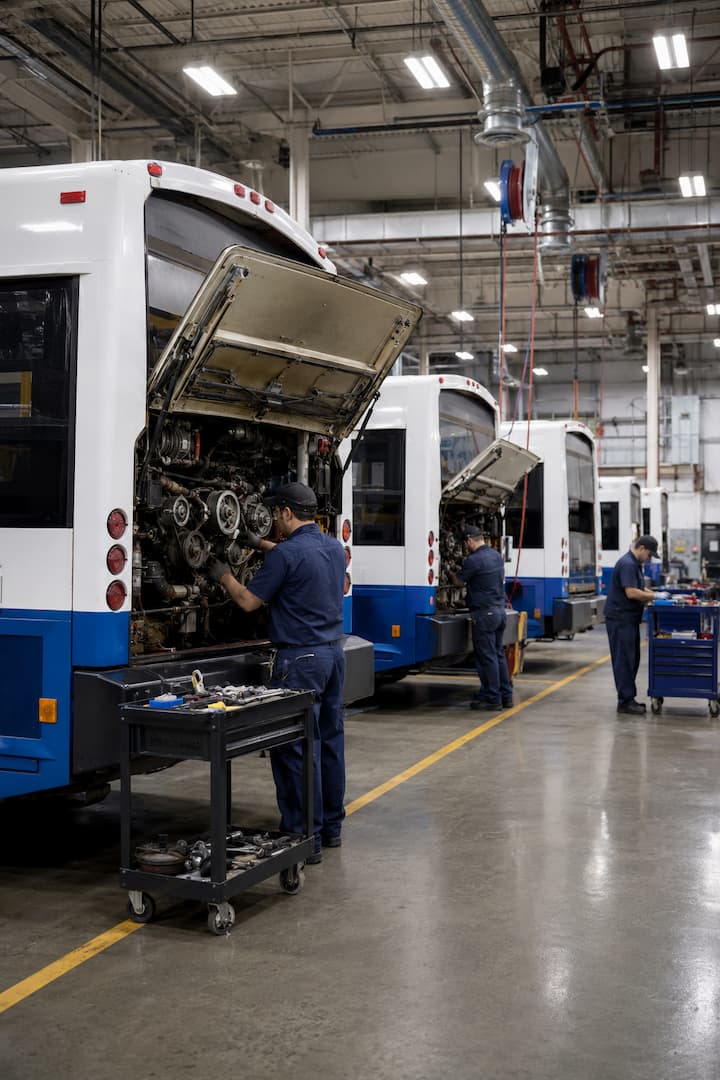 Mechanics performing maintenance on transit buses in a repair facility, showcasing the importance of regular service for efficient transit operations.