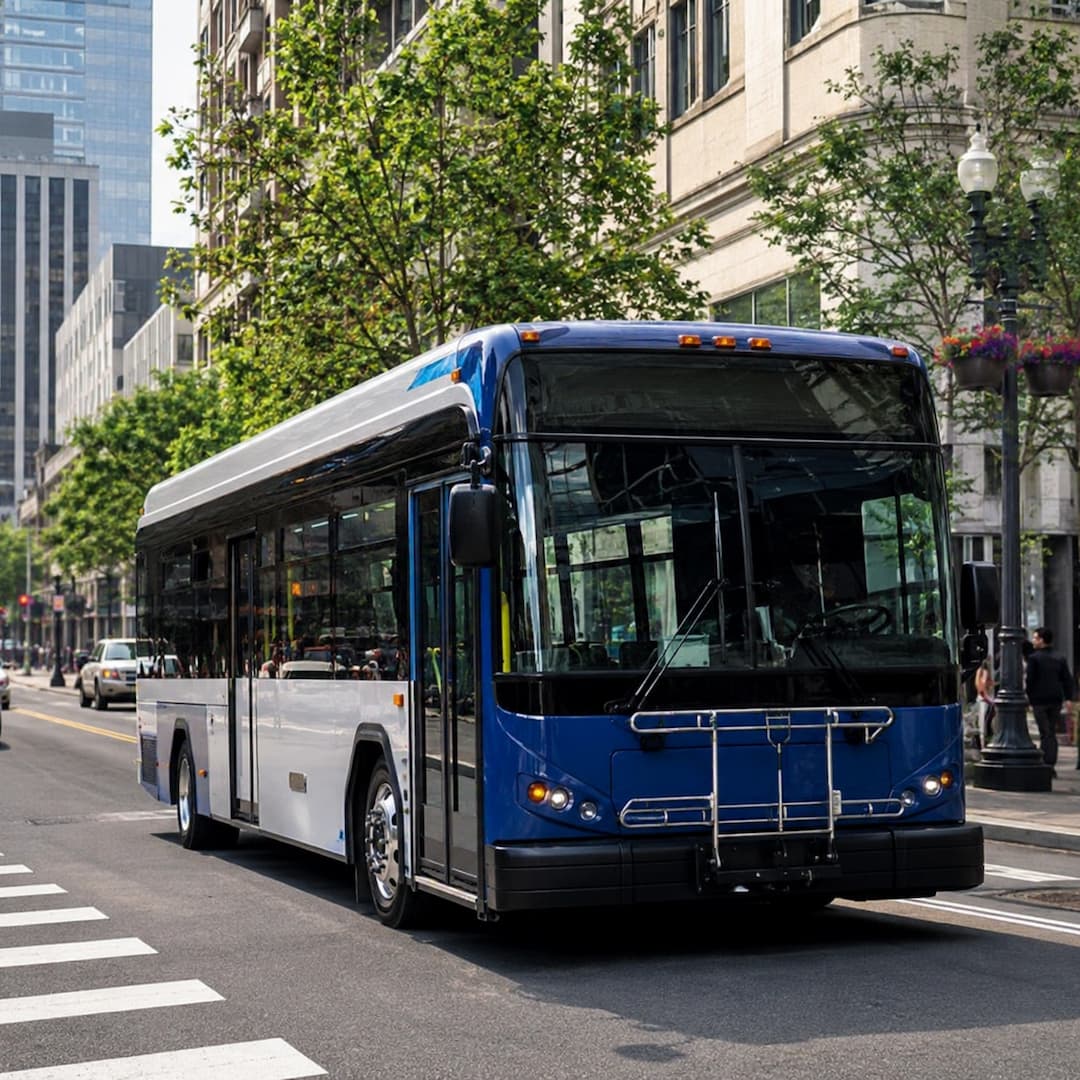 City bus navigating a busy urban street, showcasing modern transit service with greenery and buildings in the background.